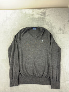 Polo Ralph Lauren Sweater Mens Large Gray V-Neck Merino Wool Pullover Knit